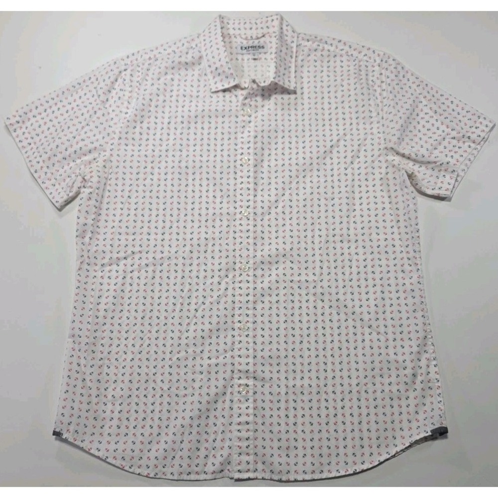 Express Soft Wash Mens Button Up Shirt XL Short Sleeve Casual Red & Blue Anchor